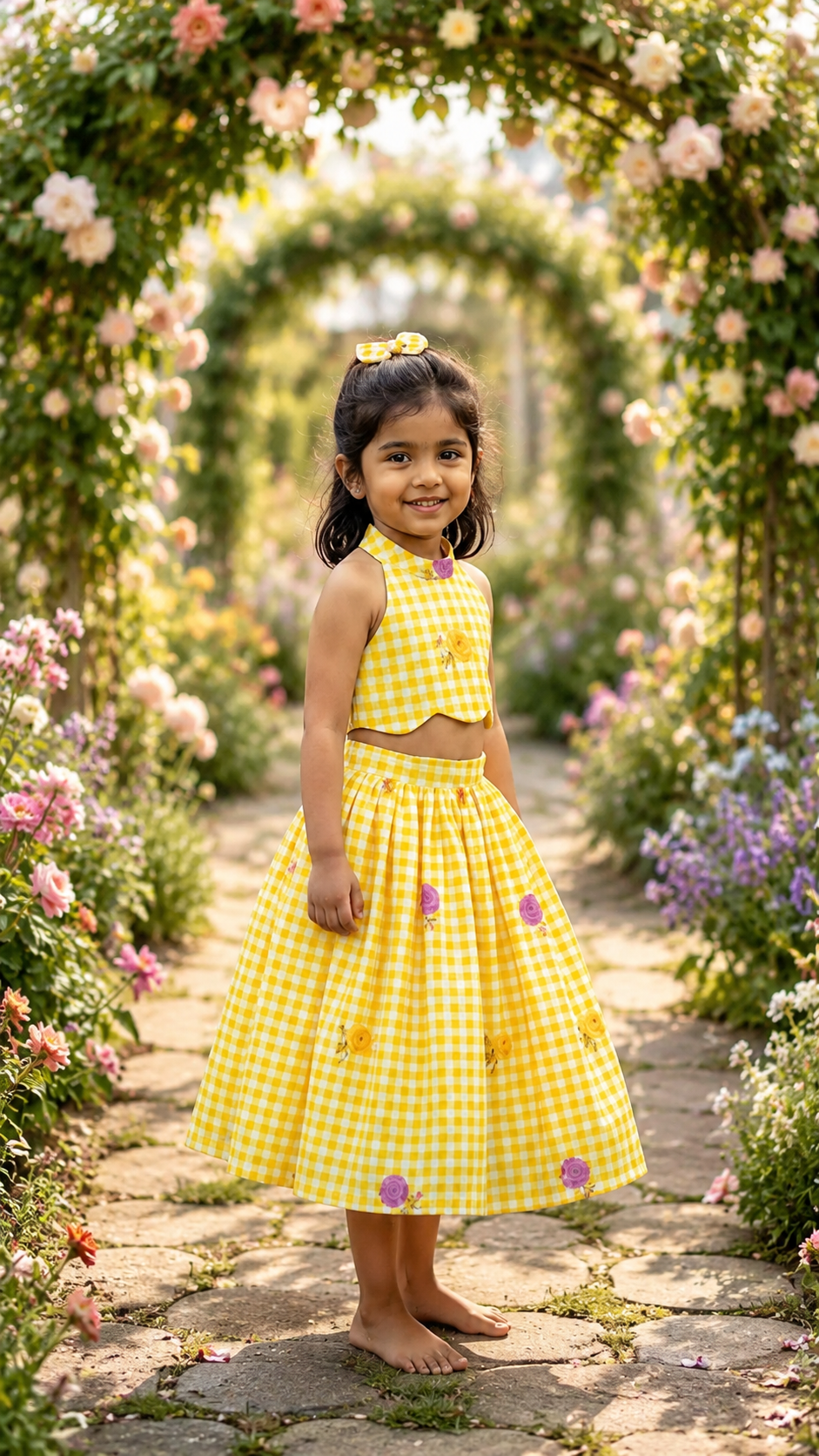 Girls Gingham CheckTop with Floral Printed Skirt Set