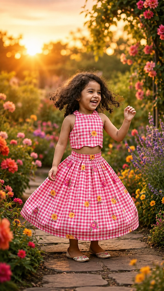Girls Gingham CheckTop with Floral Printed Skirt Set