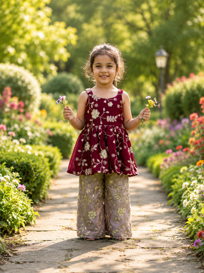 Regal Maroon & Gold: Embroidered Gold Crush Plazzo Set