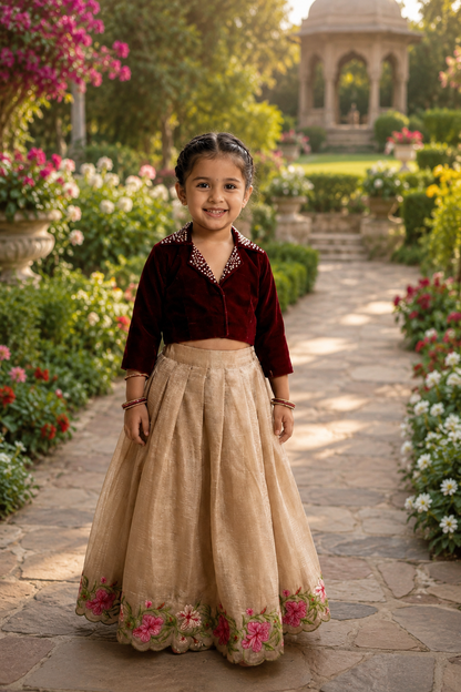 Girls Ethnic Wear - Maroon Velvet Choli with Gold Crush Lehenga & Floral Border