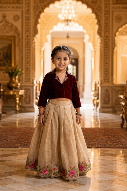 Girls Ethnic Wear - Maroon Velvet Choli with Gold Crush Lehenga & Floral Border