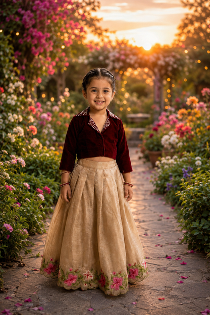 Girls Ethnic Wear - Maroon Velvet Choli with Gold Crush Lehenga & Floral Border