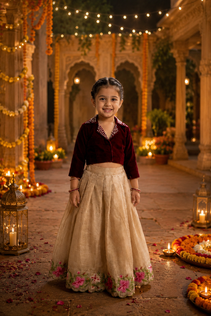 Girls Ethnic Wear - Maroon Velvet Choli with Gold Crush Lehenga & Floral Border