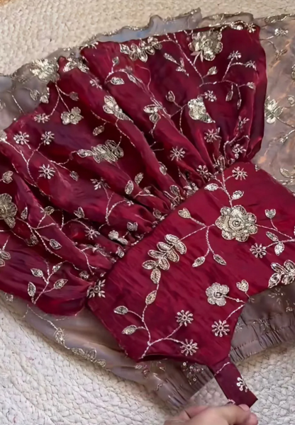 Regal Maroon & Gold: Embroidered Gold Crush Plazzo Set