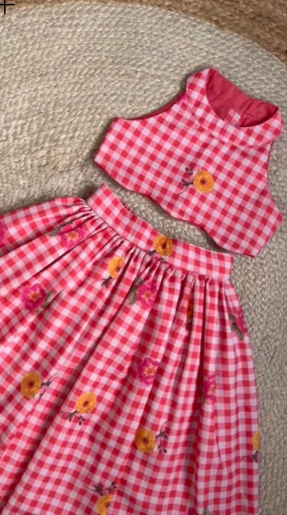 Girls Gingham CheckTop with Floral Printed Skirt Set