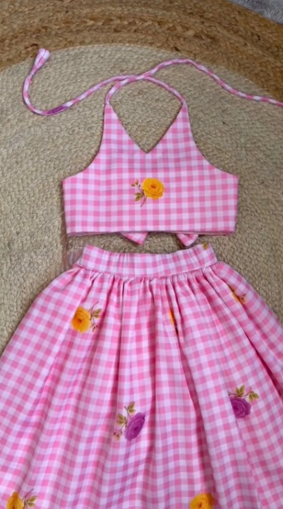 Girls Gingham CheckTop with Floral Printed Skirt Set