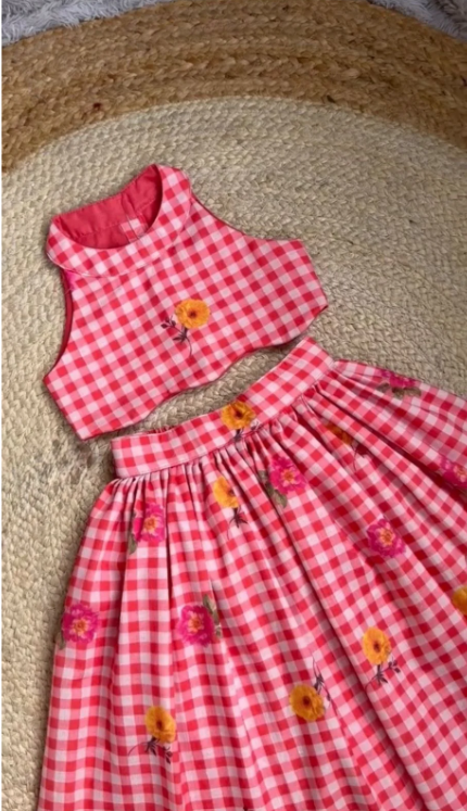 Girls Gingham CheckTop with Floral Printed Skirt Set