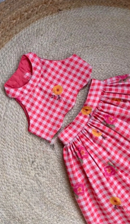 Girls Gingham CheckTop with Floral Printed Skirt Set