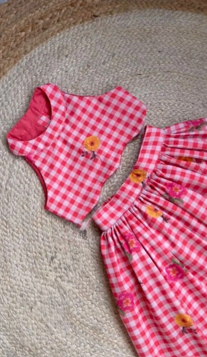 Girls Gingham CheckTop with Floral Printed Skirt Set