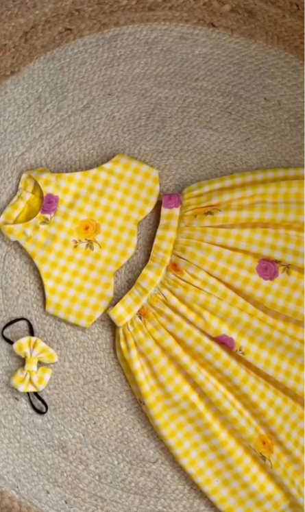 Girls Gingham CheckTop with Floral Printed Skirt Set
