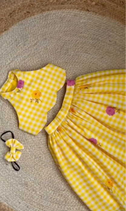 Girls Gingham CheckTop with Floral Printed Skirt Set