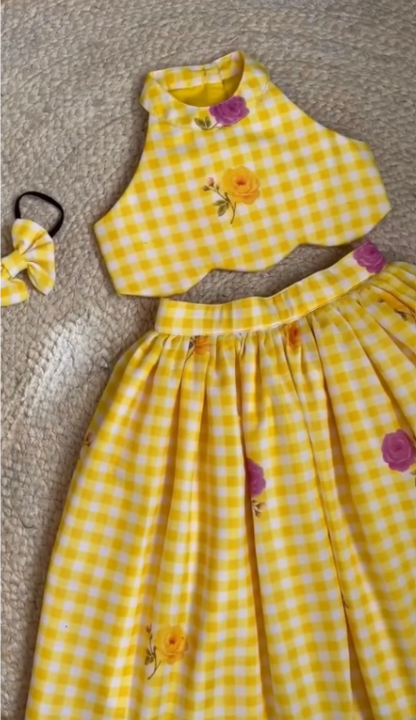 Girls Gingham CheckTop with Floral Printed Skirt Set